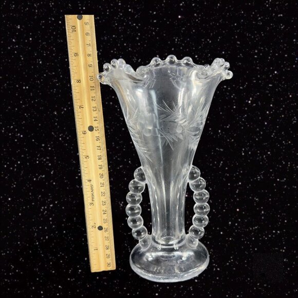 Imperial Candlewick Clear Flower Vase Ruffled Rim Etched Flowers Clear Vintage - Picture 5 of 12